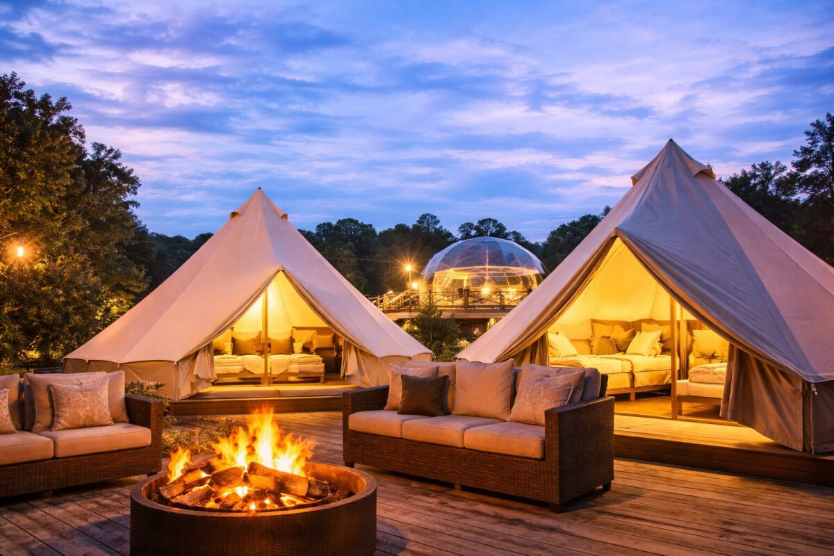 グランピングサイトの夕暮れ景色