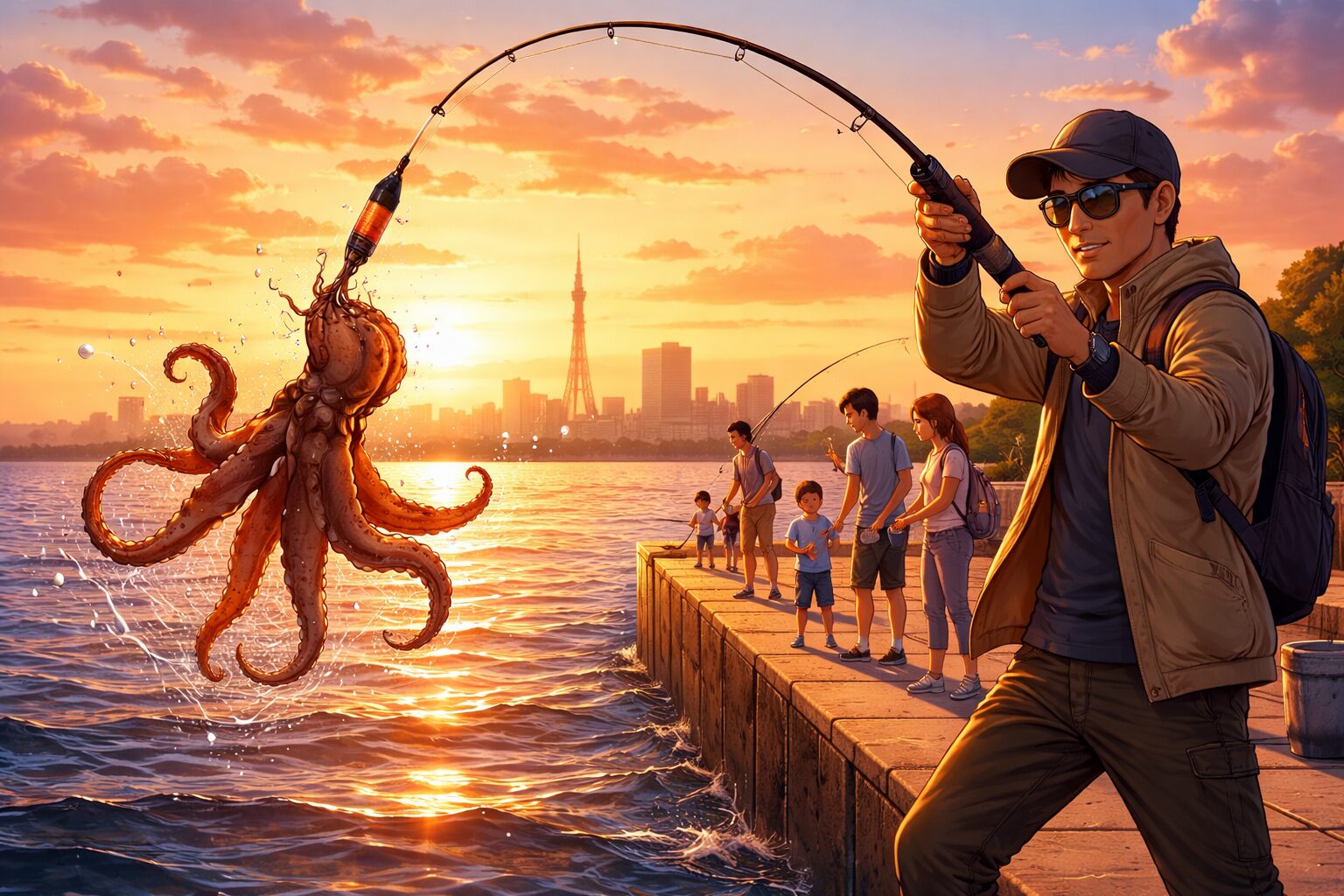 夕暮れの釣りとタコ